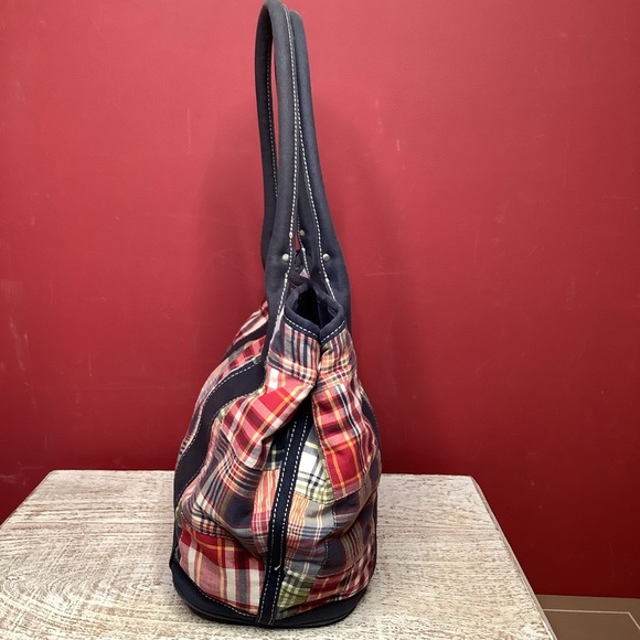 J. Crew Multicolor Classic Cotton Madras Preppy Patchwork Purse Tote Bag Navy - Picture 5 of 13